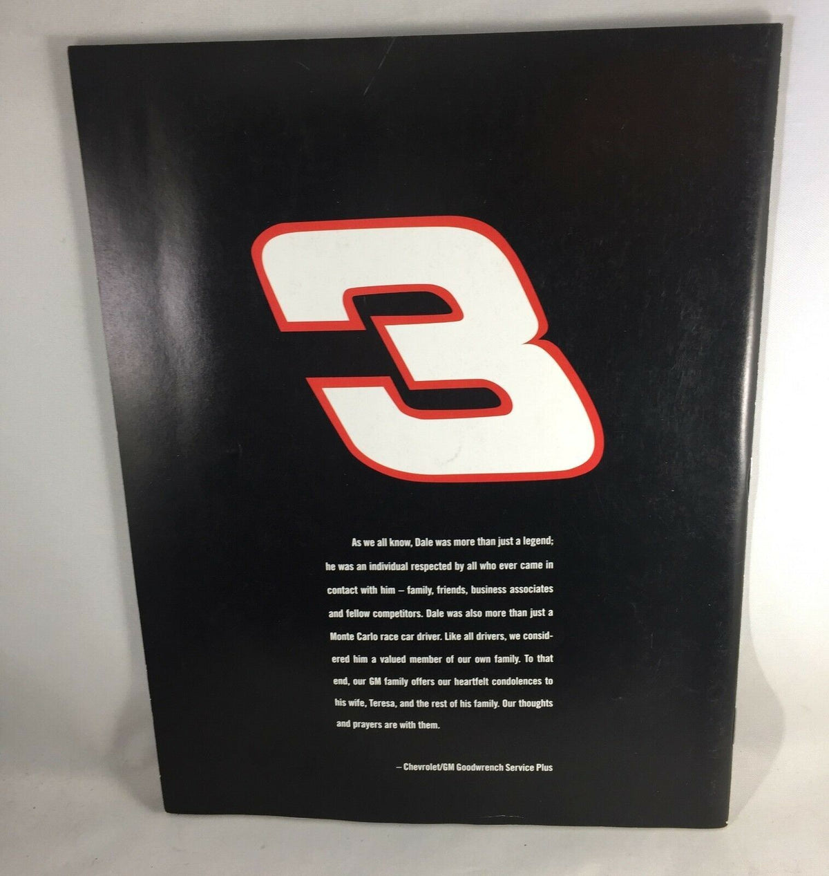 Back cover of the 2001 Sports Illustrated No Label Special recognizing Dale Earnhardt, featuring the iconic number 3 and a heartfelt message.