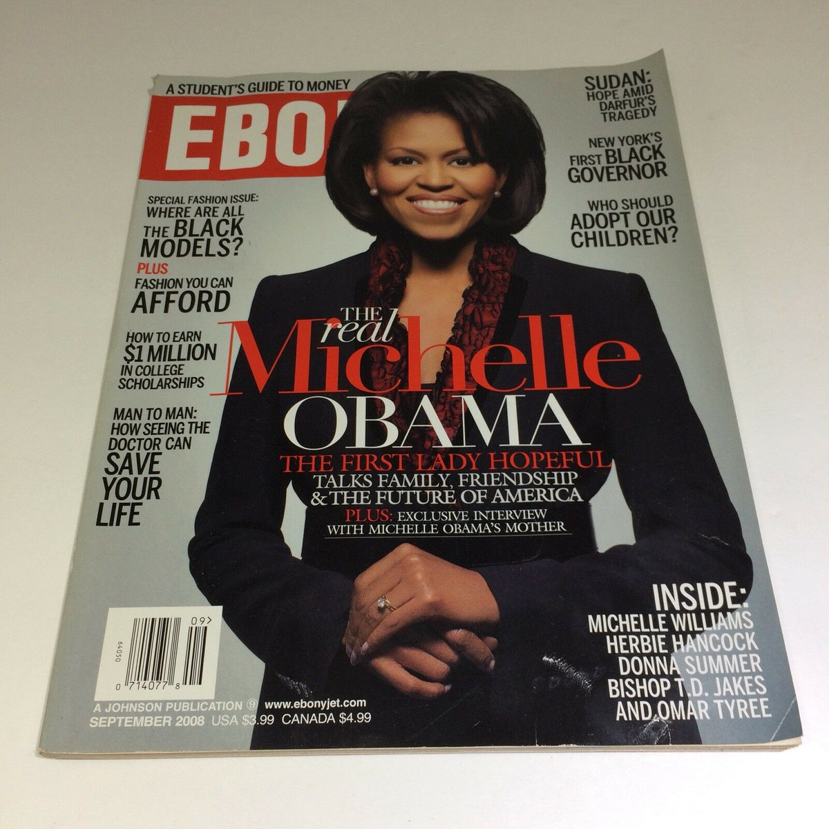 Cover of Ebony Magazine from September 2008 featuring Michelle Obama, highlighting her as the first lady hopeful with an exclusive interview.