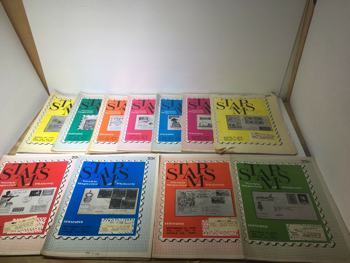 Lot of 11 Vintage HTF Stamps Weekly Magazines of Philately of 1968 RARE displayed together on a wooden shelf.