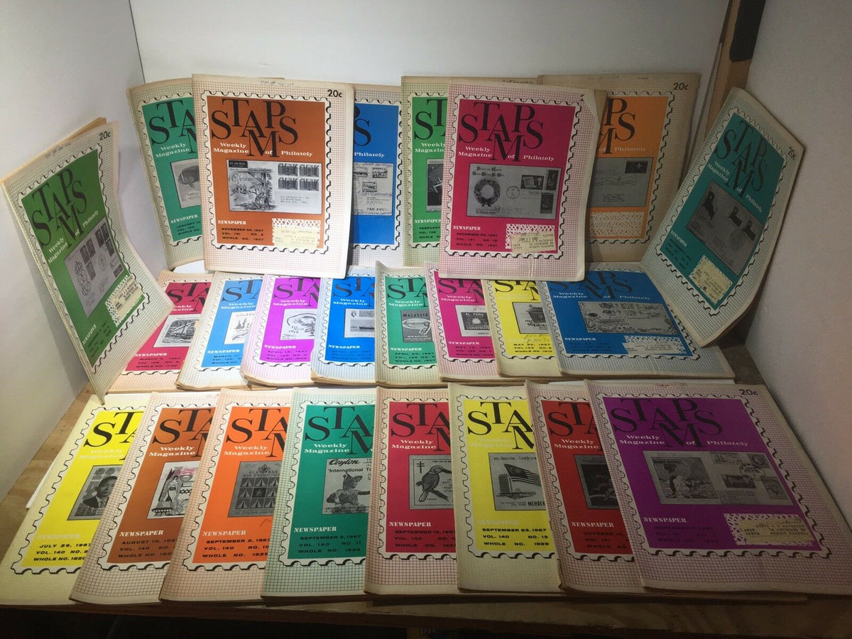 Lot of 24 Vintage HTF Stamps Weekly Magazines from 1967 showcasing various colorful covers, perfect for philately enthusiasts and collectors.