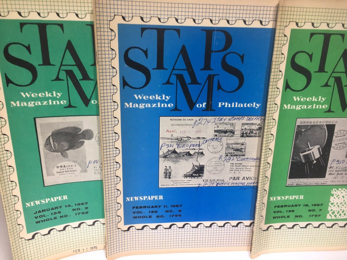 Detailed view of Vintage HTF Stamps Weekly Magazines from 1967 featuring covers with artwork and significant dates, ideal for stamp collectors.