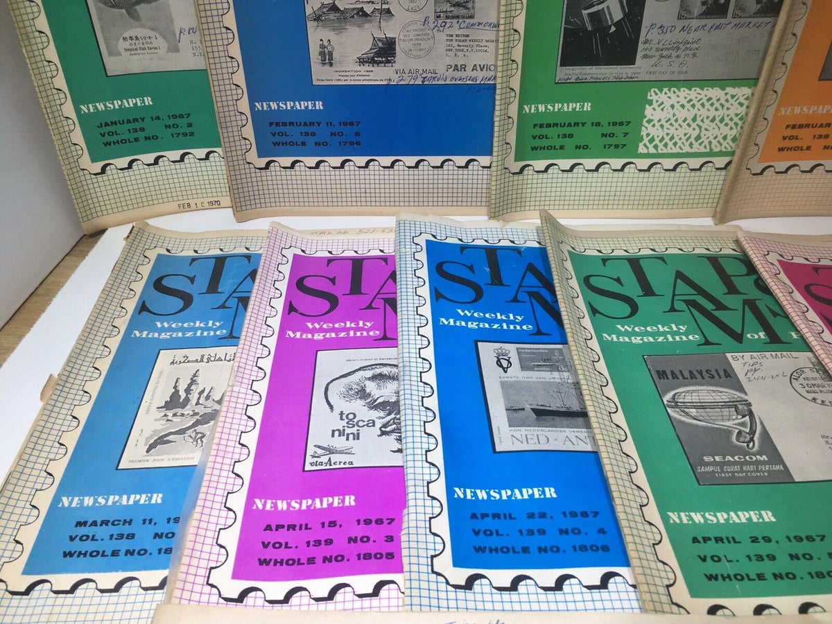 A collection display of Vintage HTF Stamps Weekly Magazines from 1967, featuring multiple issues in vibrant colors, catering to philately fans.