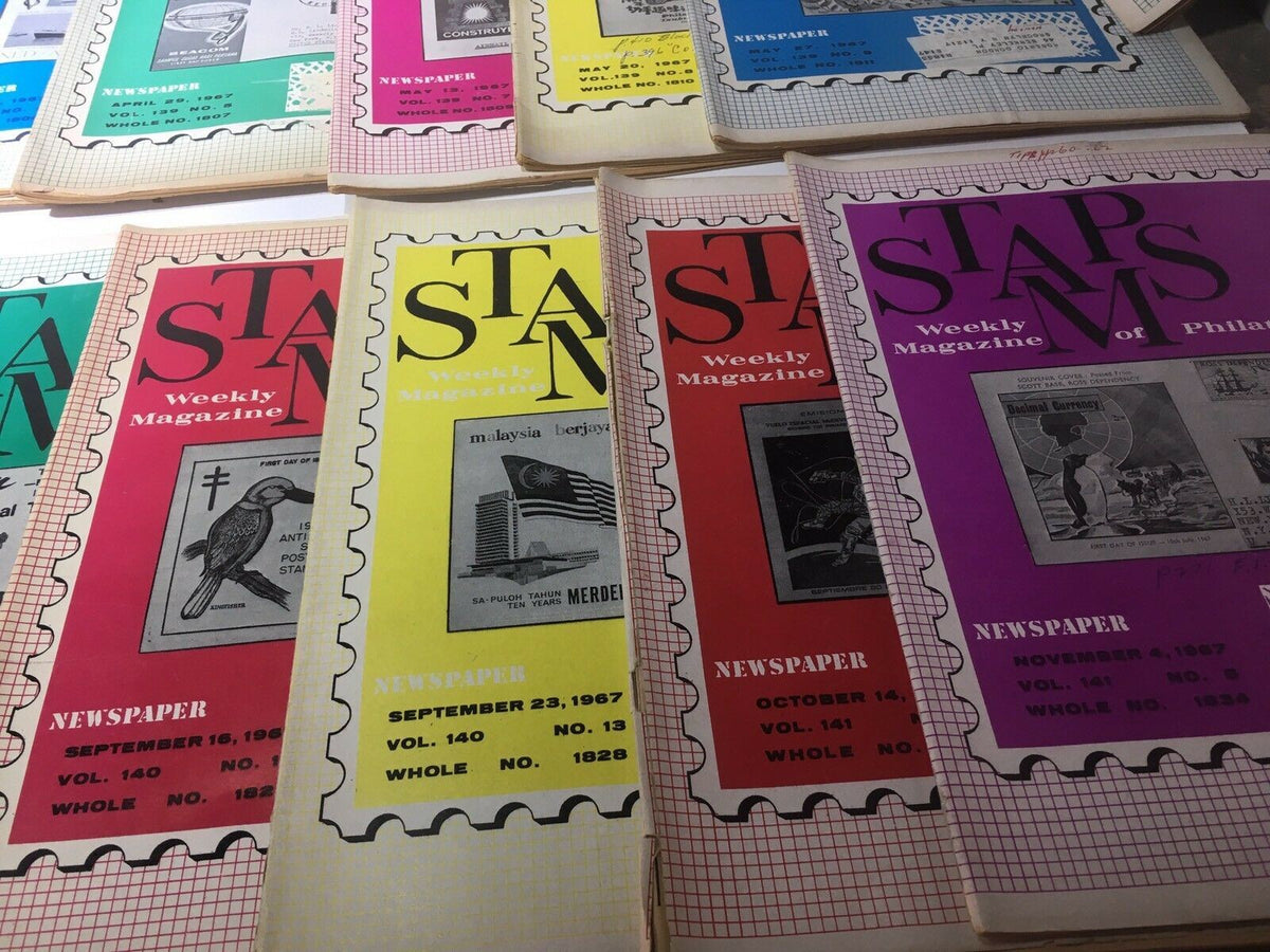 Collection of 1967 Vintage HTF Stamps Weekly Magazines, emphasizing different stamp themes and historical significance.