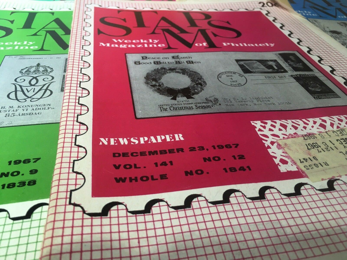 Detailed view of Vintage HTF Stamps Weekly Magazines from 1967, reflecting the philatelic trends of the year.