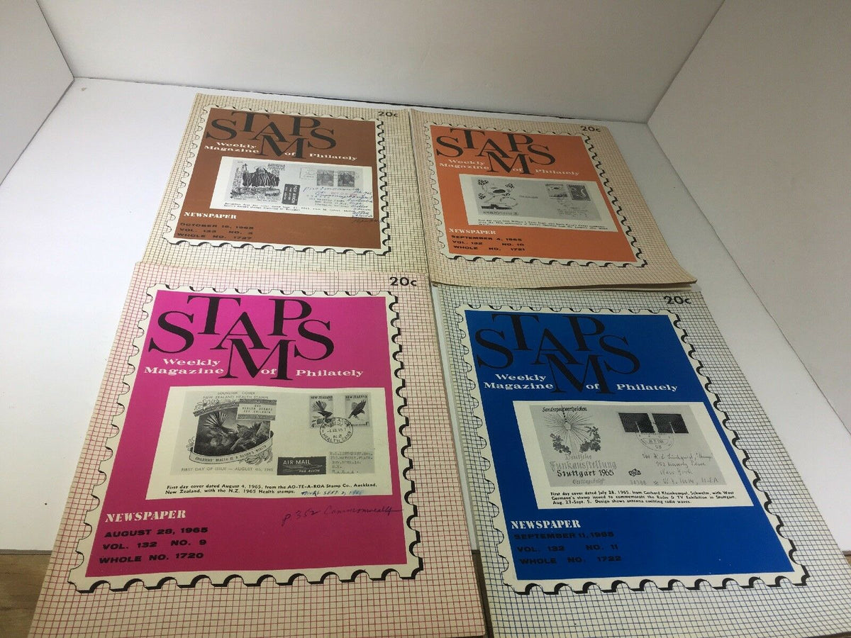 Lot of 4 Vintage HTF Stamps Weekly Magazines of Philately of the Year 1965 RARE, featuring four distinct covers in various colors including pink, orange, brown, and blue, showcasing historical philatelic content.