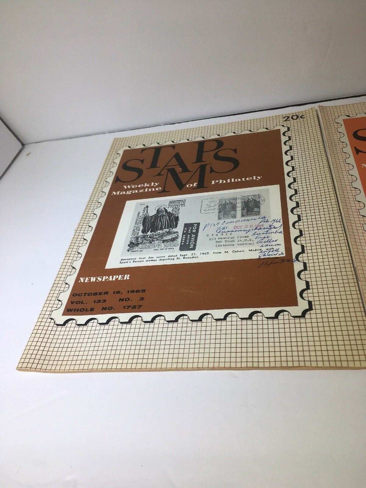 Lot of 4 Vintage HTF Stamps Weekly Magazines of Philately of the Year 1965 RARE, displaying a brown cover with a postal theme and details about stamps from October 16, 1965.