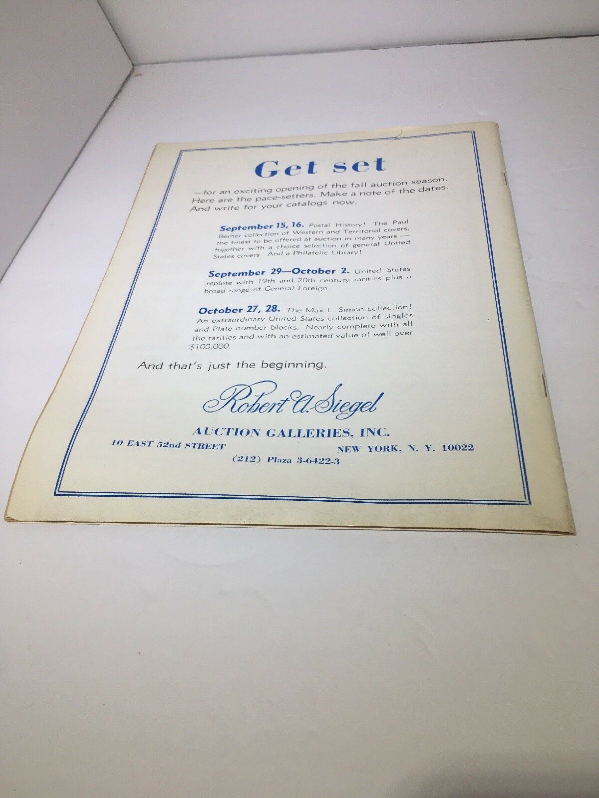 Advertisement for public auction schedule featuring auctions of rare stamps, part of the Lot of 4 Vintage HTF Stamps Weekly Magazines from 1965.