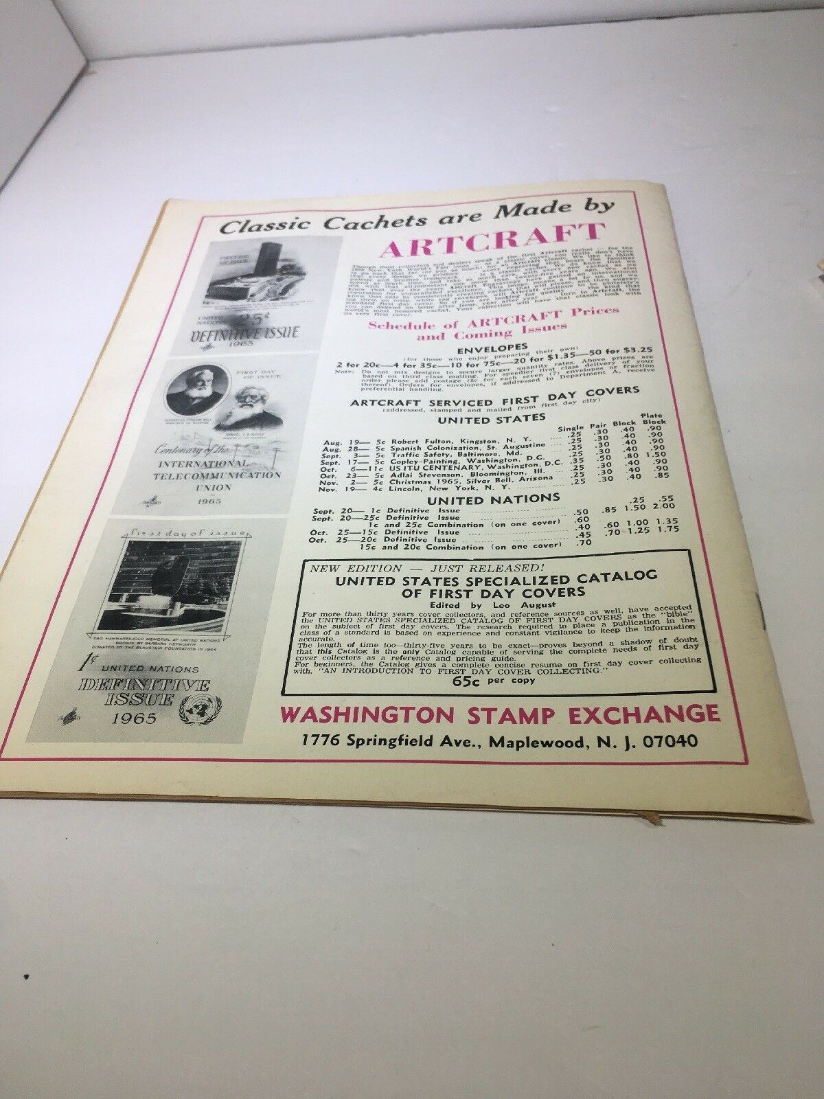 Schedule of ARTCRAFT prices and first day covers, showcasing stamp collecting options, included in Lot of 4 Vintage HTF Stamps Weekly Magazines from 1965.