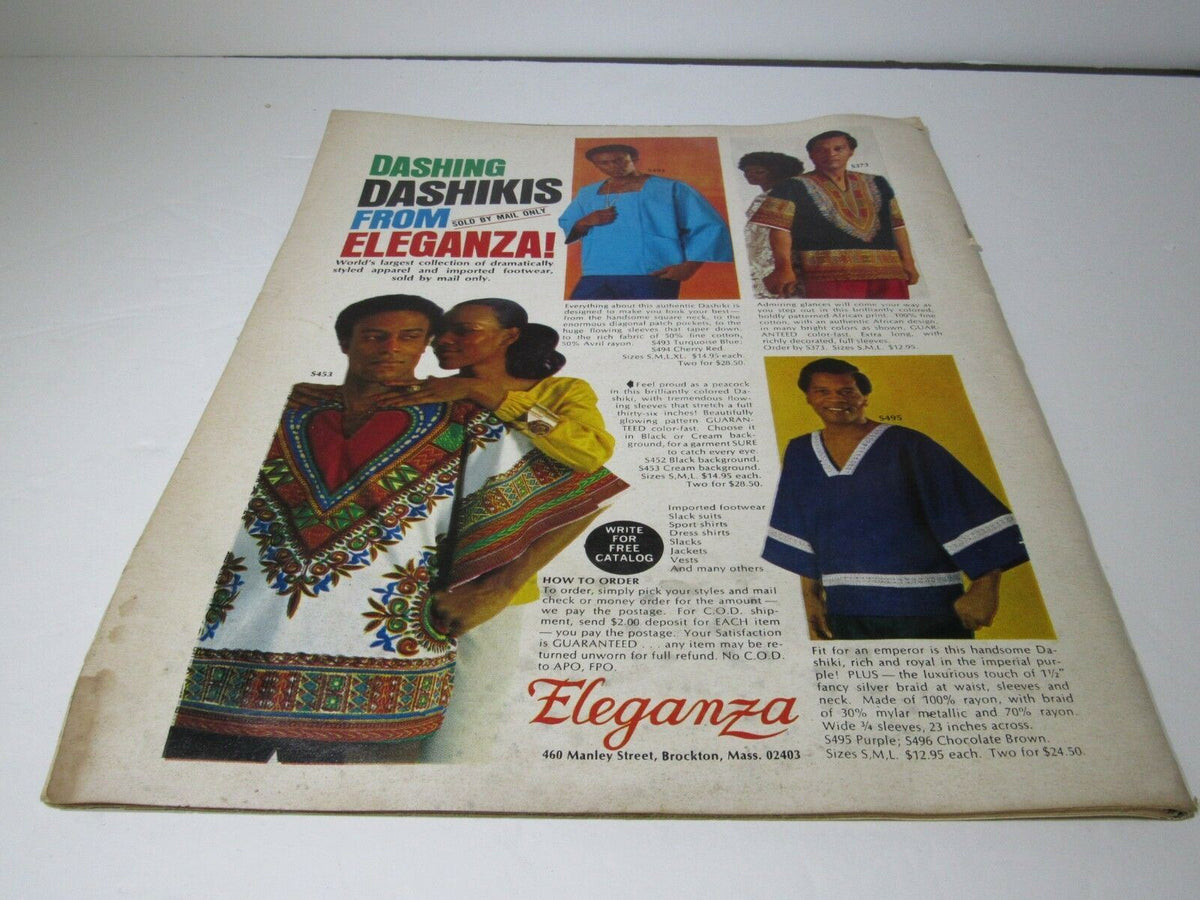 Back cover of Sepia Magazine, April 1970 edition, displaying a stylish fashion advertisement titled 'Dashing Dashikis from Eleganza!'. The advertisement features a couple wearing vibrant dashikis, highlighting a collection of African-inspired clothing and accessories.
