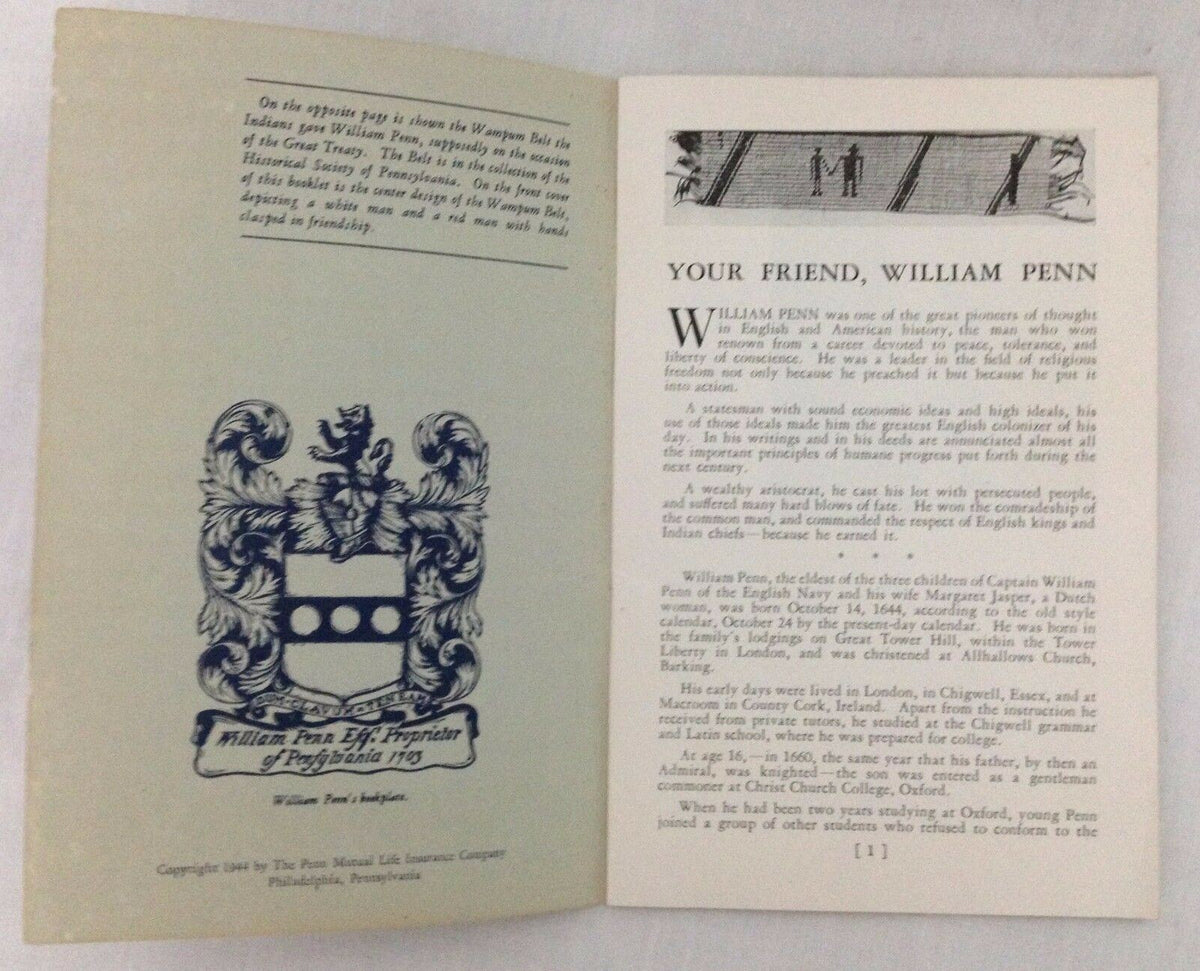 Interior page of the 1944 booklet 'Your Friend, William Penn' showcasing an illustration and information about William Penn's contributions and background.