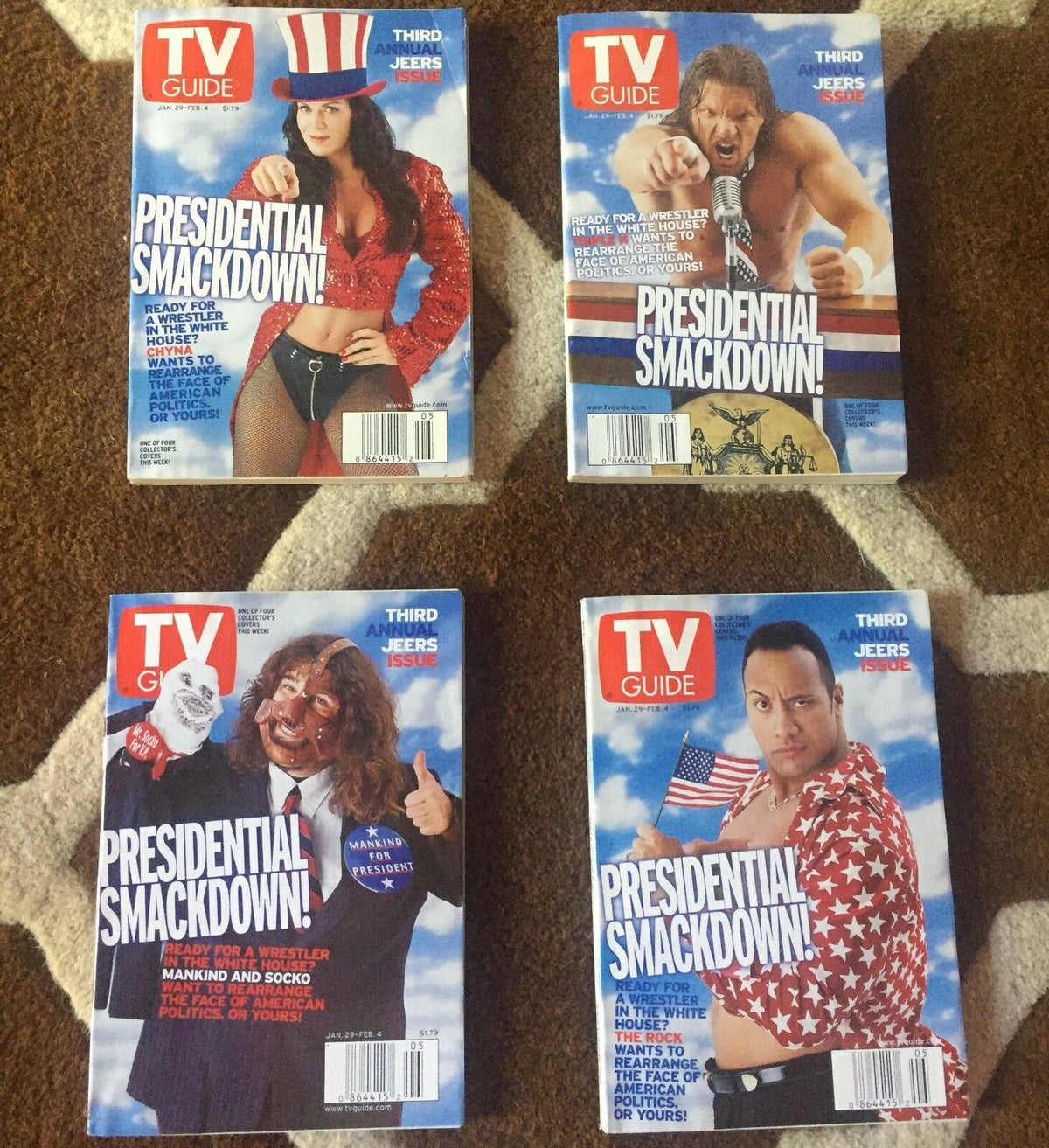 TV GUIDE 4 ISSUE LOT JAN. 29-FEB. 4, 2000 PRESIDENTIAL SMACKDOWN! COVERS showcasing four distinct magazine covers featuring themed characters related to wrestling and presidential elections.