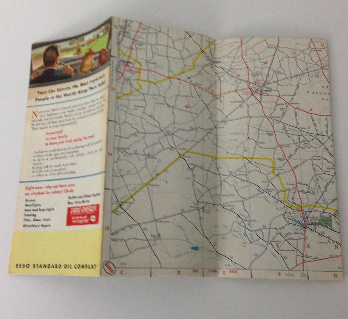 Inside view of the 1951 New Jersey Road Map from Esso Booklet Pamphlet showcasing a map layout with roads and safety reminders.