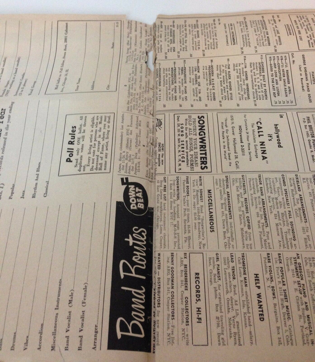 Inside page of Down Beat Magazine, dated November 18, 1953, showcasing band routes and ad listings, highlighting the dynamic nature of the musical landscape at the time.