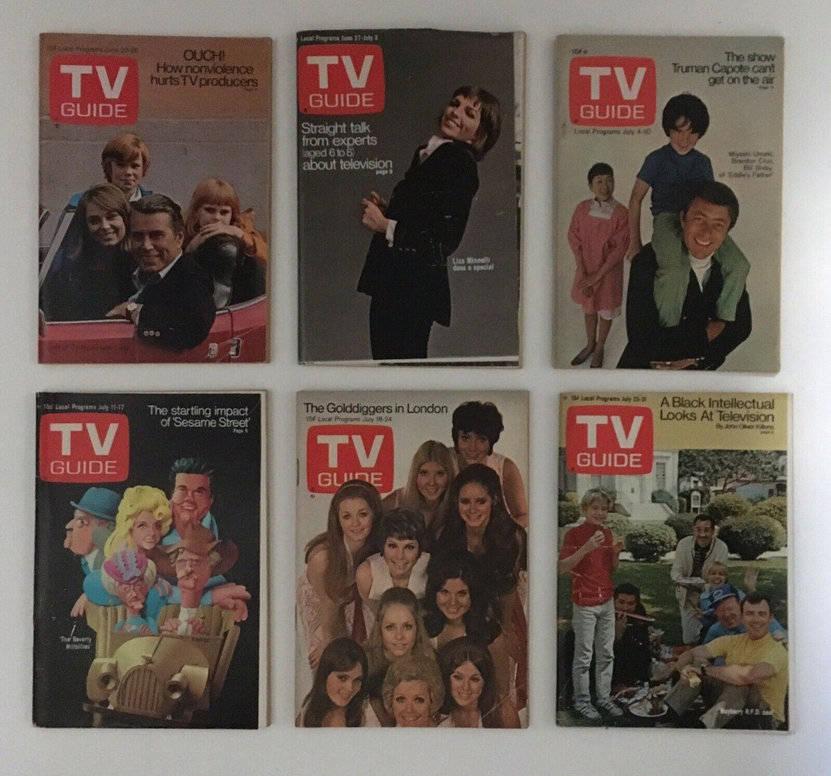 TV Guide magazine covers from 1970 featuring Lisa Minnelli, Truman Capote, and The Golddiggers, part of the Complete Year Of TV Guide Magazines 1970 collection.