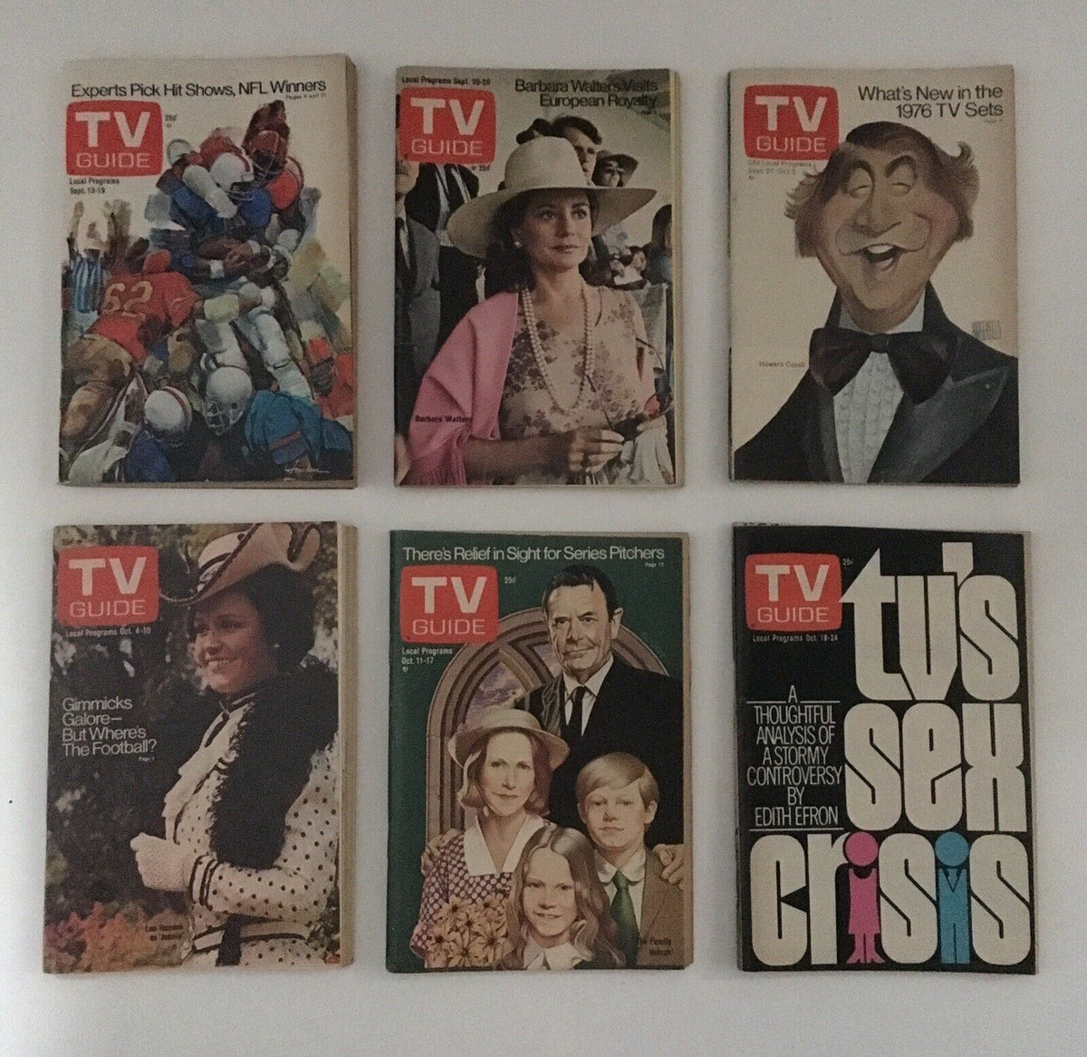 Complete Year of TV Guide Magazines 1975 featuring covers with topics like NFL winners, Barbara Walters, and TV's sex crisis.