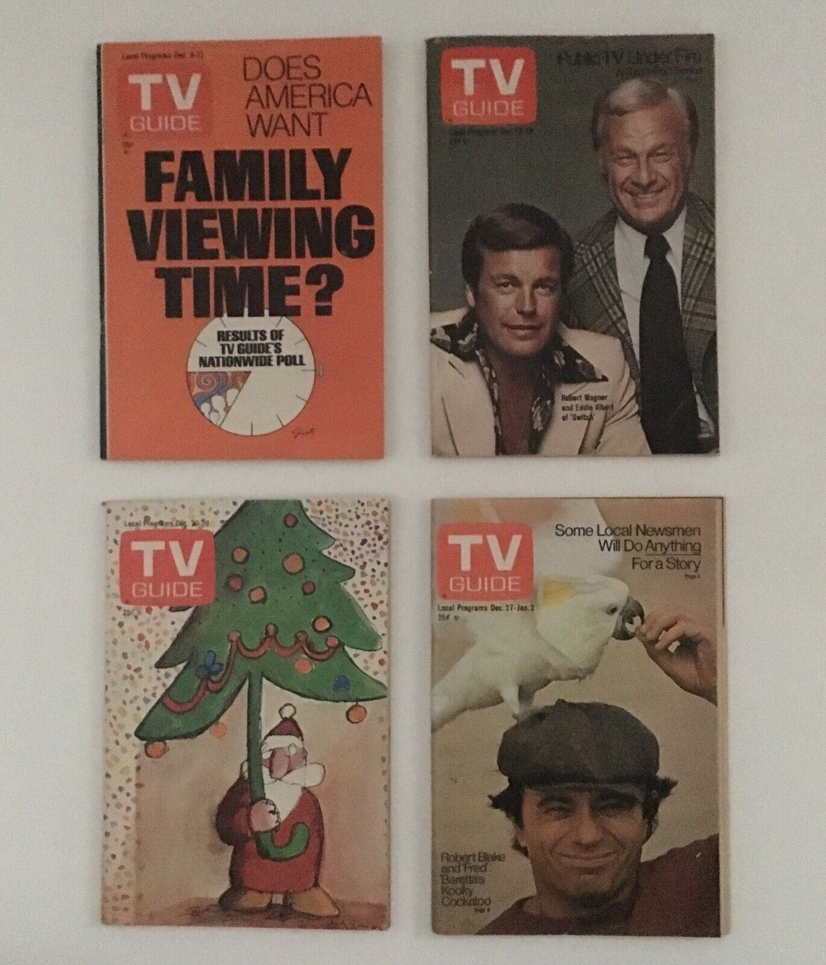 Series of TV Guide covers from Complete Year of TV Guide Magazines 1975 featuring themes like family viewing and holiday specials.