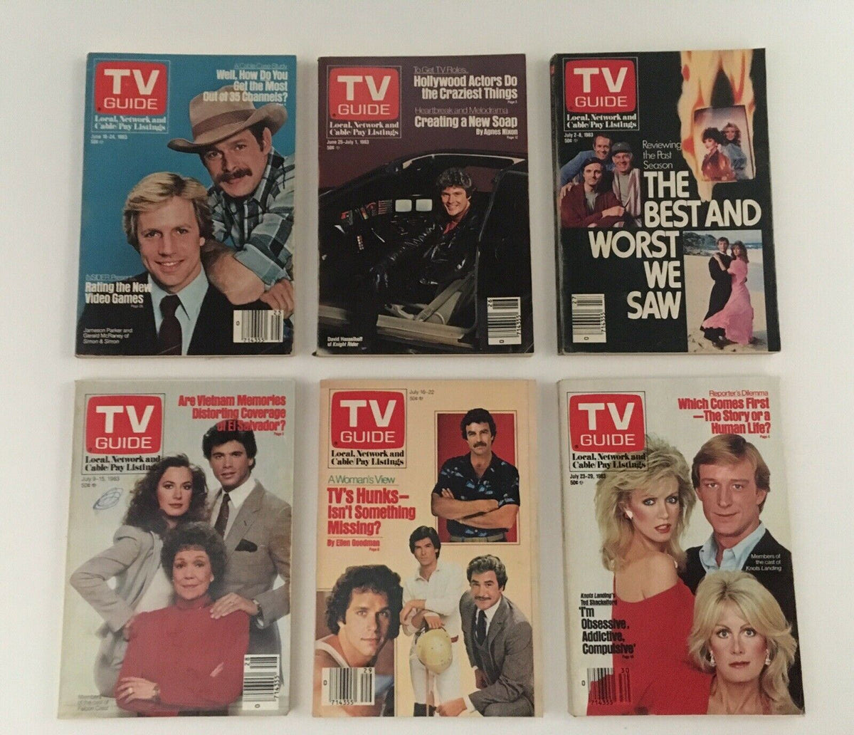 Complete Year Of TV Guide Magazines 1983, 52 Issues + Special Issue Fall Preview displaying iconic TV Guide covers with highlights from various television shows and stars in 1983.