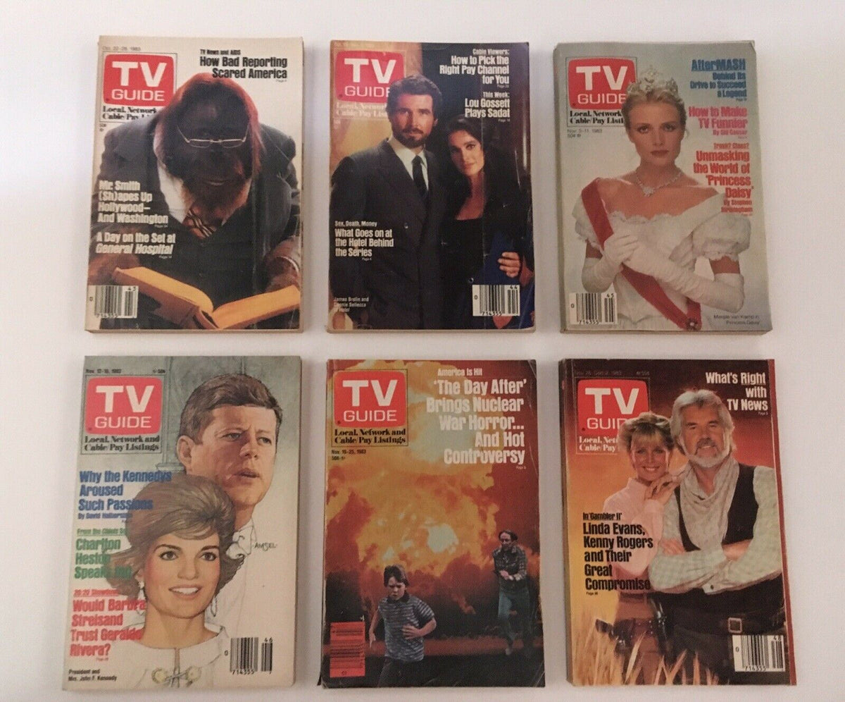 Complete Year Of TV Guide Magazines 1983, 52 Issues + Special Issue Fall Preview featuring various magazine covers with engaging content related to television shows and their stars from 1983.