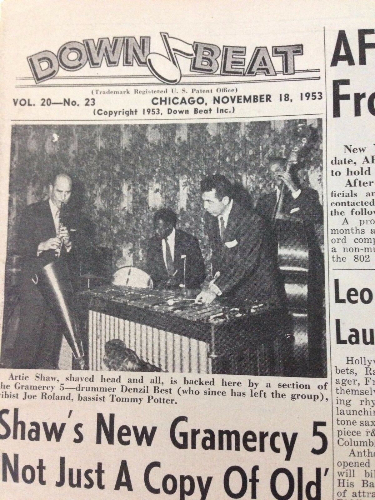 Inside image from Down Beat Magazine, highlighting Artie Shaw's Gramercy 5 in a live performance, with an article about their music.