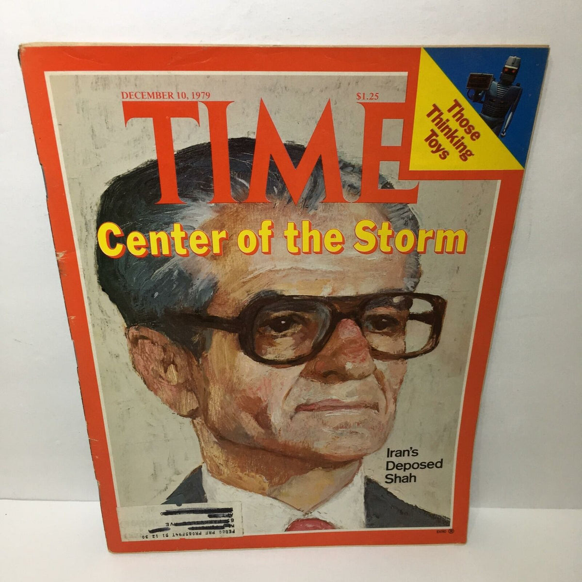 Time Magazine December 10, 1979 issue featuring the cover story 'Center of the Storm: Iran's Deposed Shah'. The cover displays a portrait illustration of the Shah against a bright orange background.