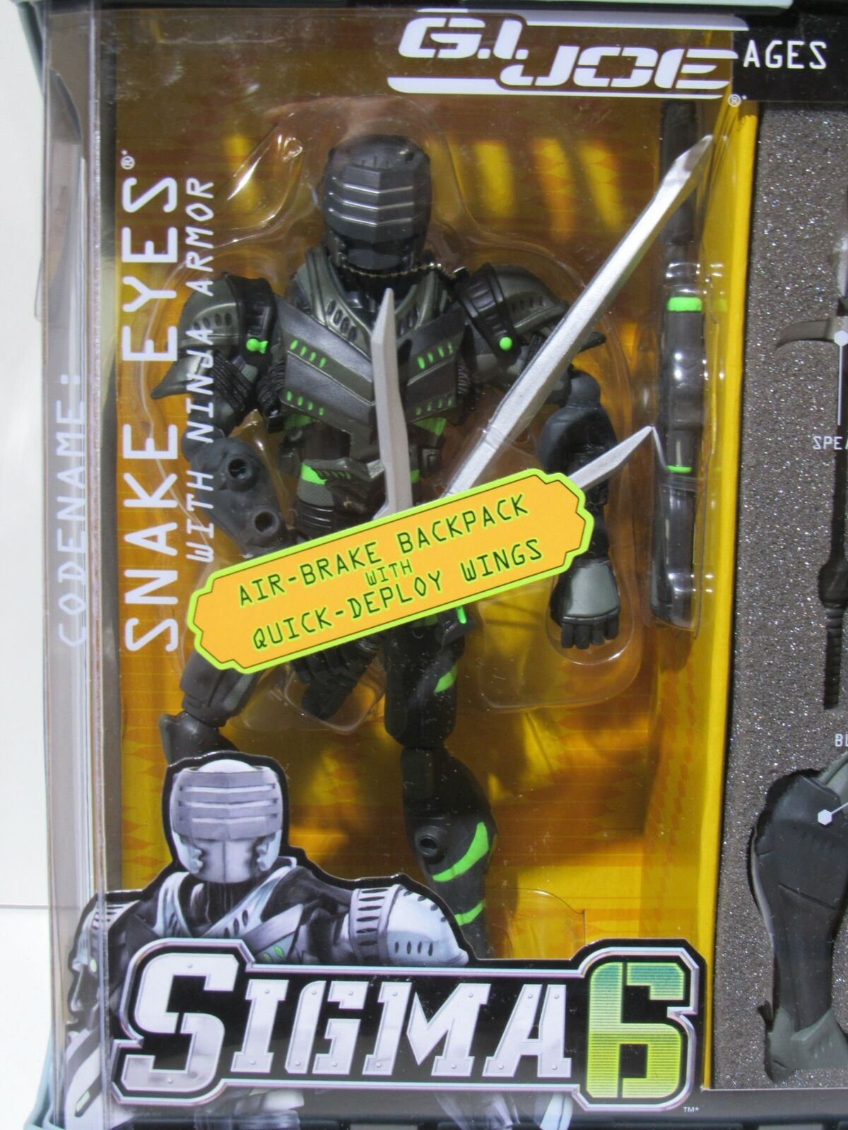 Close-up of G.I. Joe Sigma 6 Snake Eyes Ninja Armor action figure showcasing combat gear and features, including air-brake backpack.