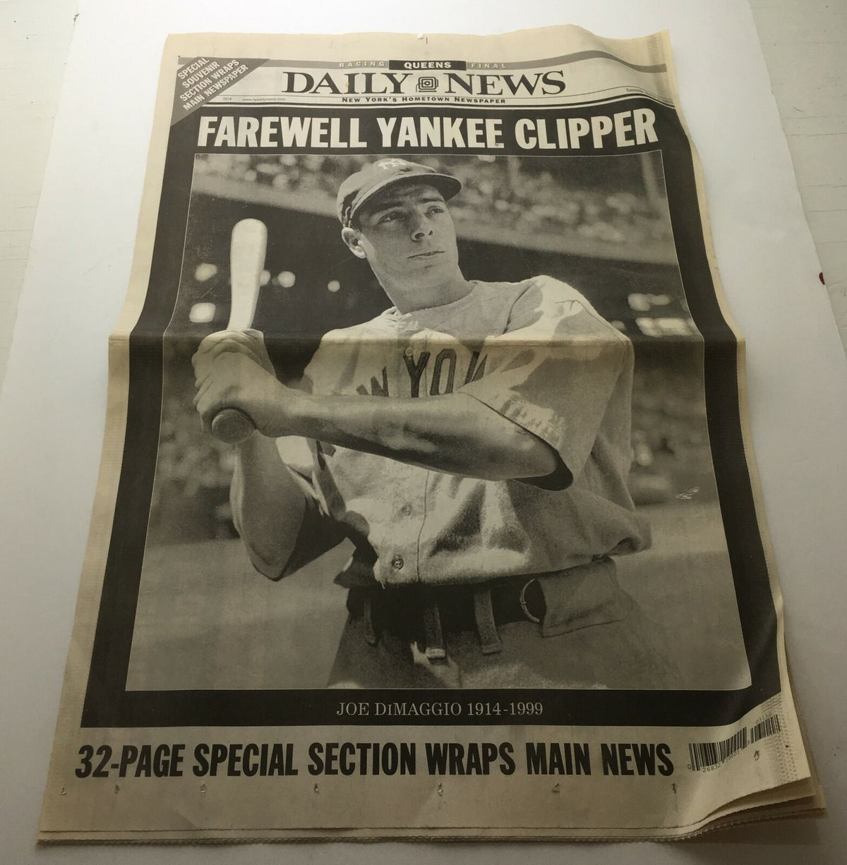 NY Daily News March 9 1999 issue featuring a tribute to Yankee great Joe Dimaggio (1914-1999) on the front page. The newspaper highlights his legacy with the headline 'Farewell Yankee Clipper' and includes a photo of Dimaggio in a Yankees uniform.