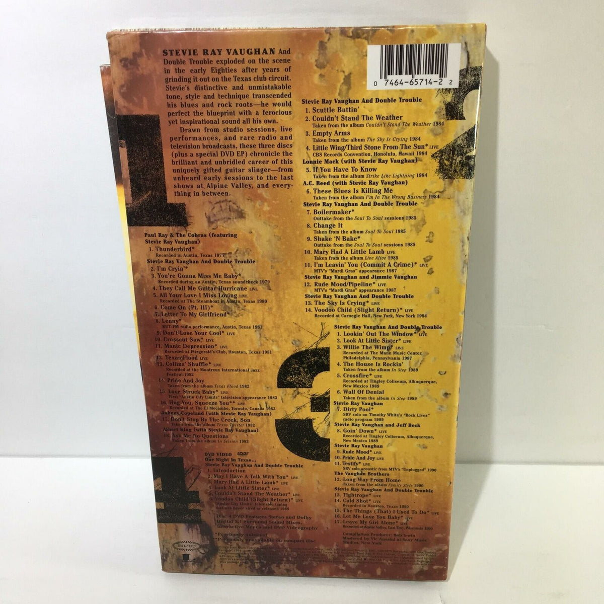 Back cover of Stevie Ray Vaughan And Double Trouble 4 Disc Box Set Audio CD with track listing and barcode.
