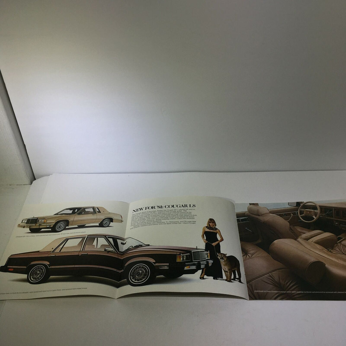 Inside view of the 1981 Lincoln-Mercury Cougars XR-7 Inspired Sedan 3.3 Liter AT Car Sale Brochure, showcasing the car model with a woman and a dog next to it, highlighting the interior design.