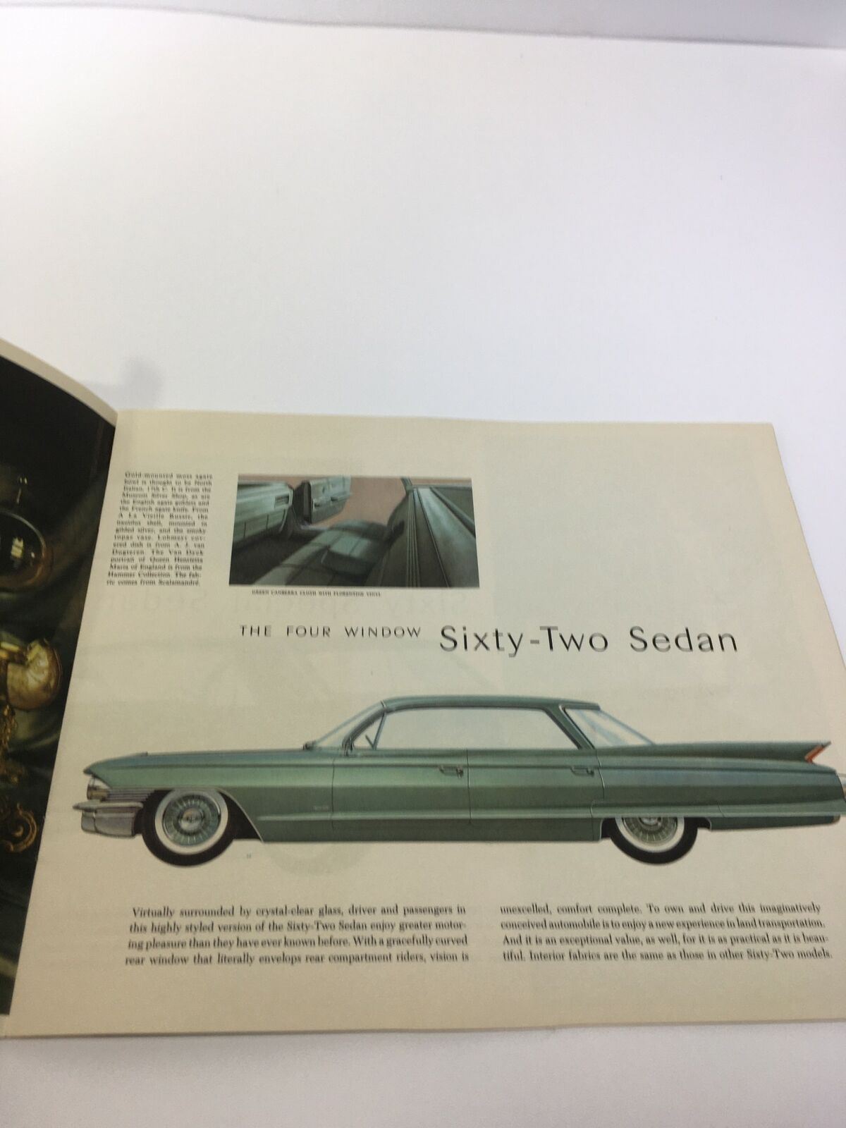Interior view of the 1961 Cadillac The Sixty-Two Coupe brochure, highlighting the Four Window Sixty-Two Sedan design.