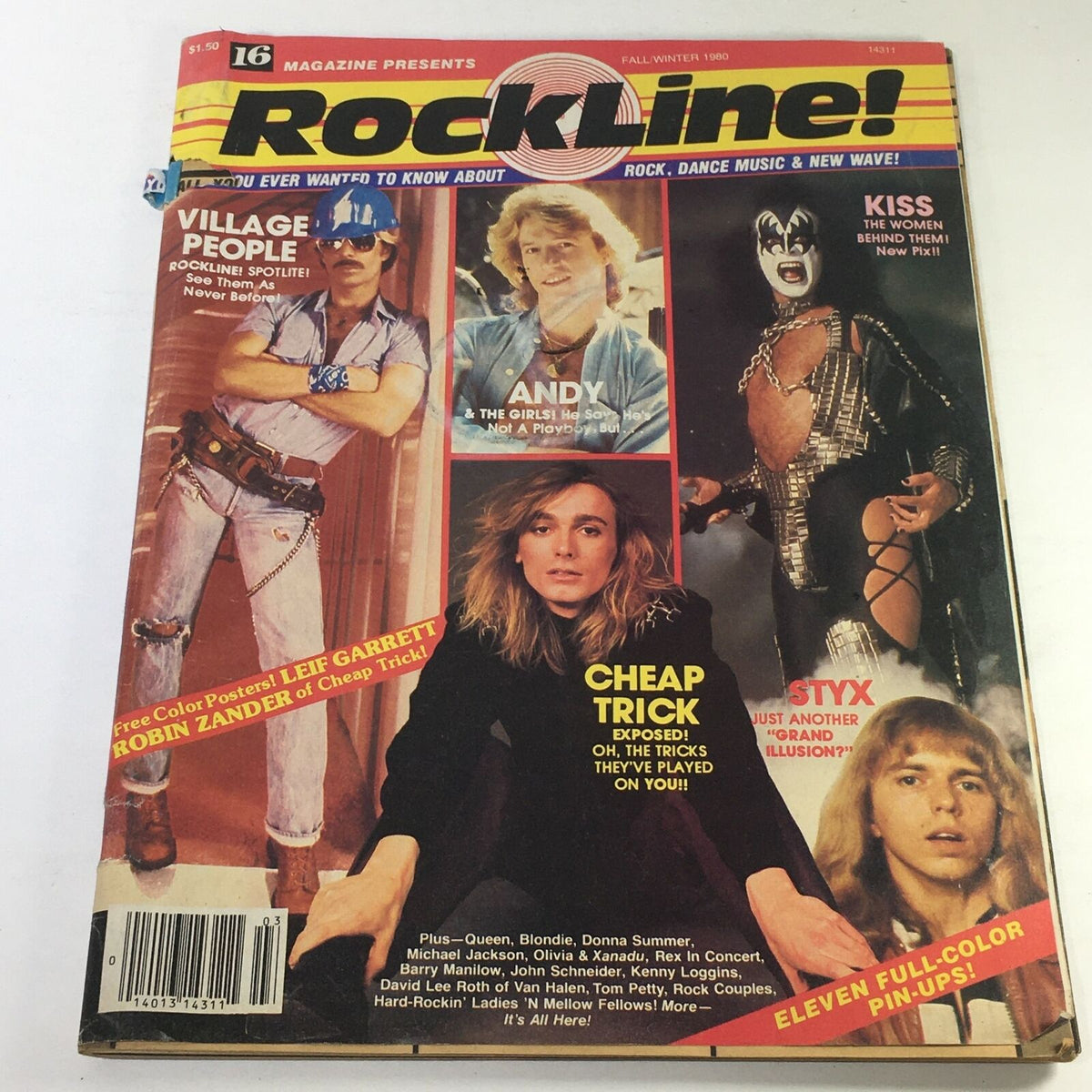 Cover of VTG 16 Magazine Presents Rock Line: Fall/Winter 1980 featuring the Village People, Styx, and Cheap Trick with vibrant colors and iconic band images.