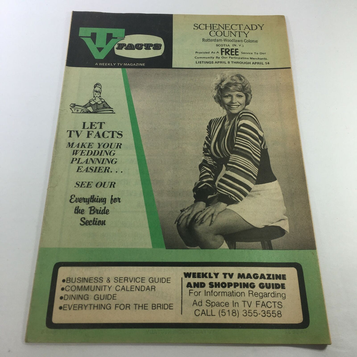 VTG TV Facts Weekly TV Listings: April 8-14 1971 cover featuring a woman promoting wedding planning tips, with bold text and a stylish layout.