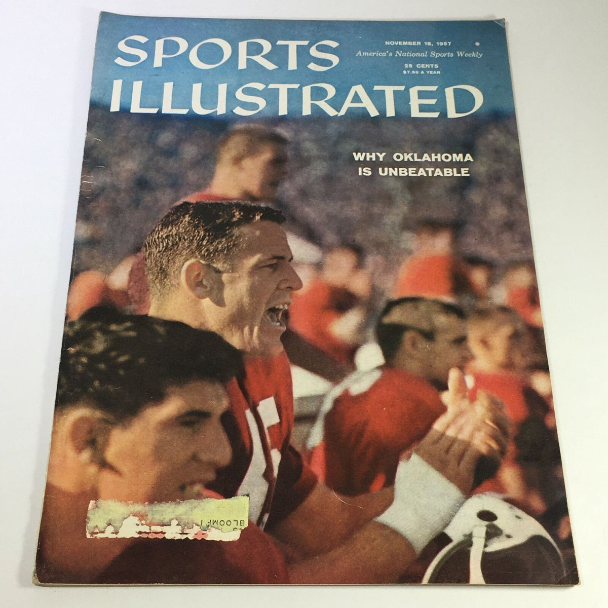 Cover of Sports Illustrated Magazine dated November 18, 1957, featuring an article titled 'Why Oklahoma is Unbeatable', showcasing excitement from college football players in action.