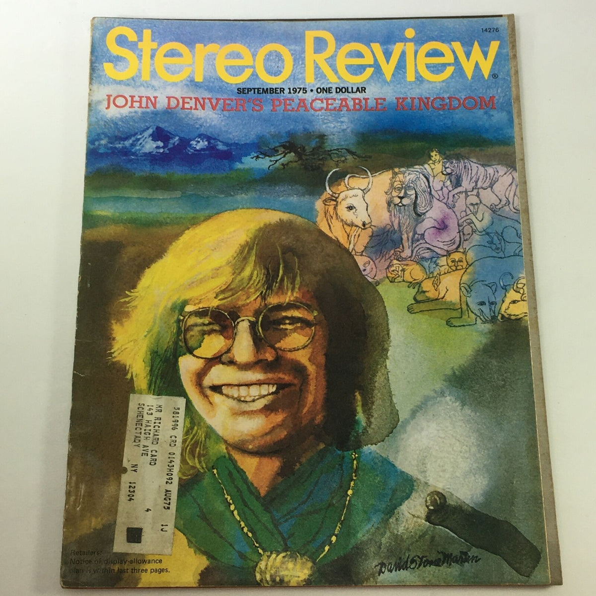 Cover of VTG Stereo Review Music Magazine from September 1975 featuring John Denver and the article 'Peaceable Kingdom' with vibrant artwork and vintage aesthetic.
