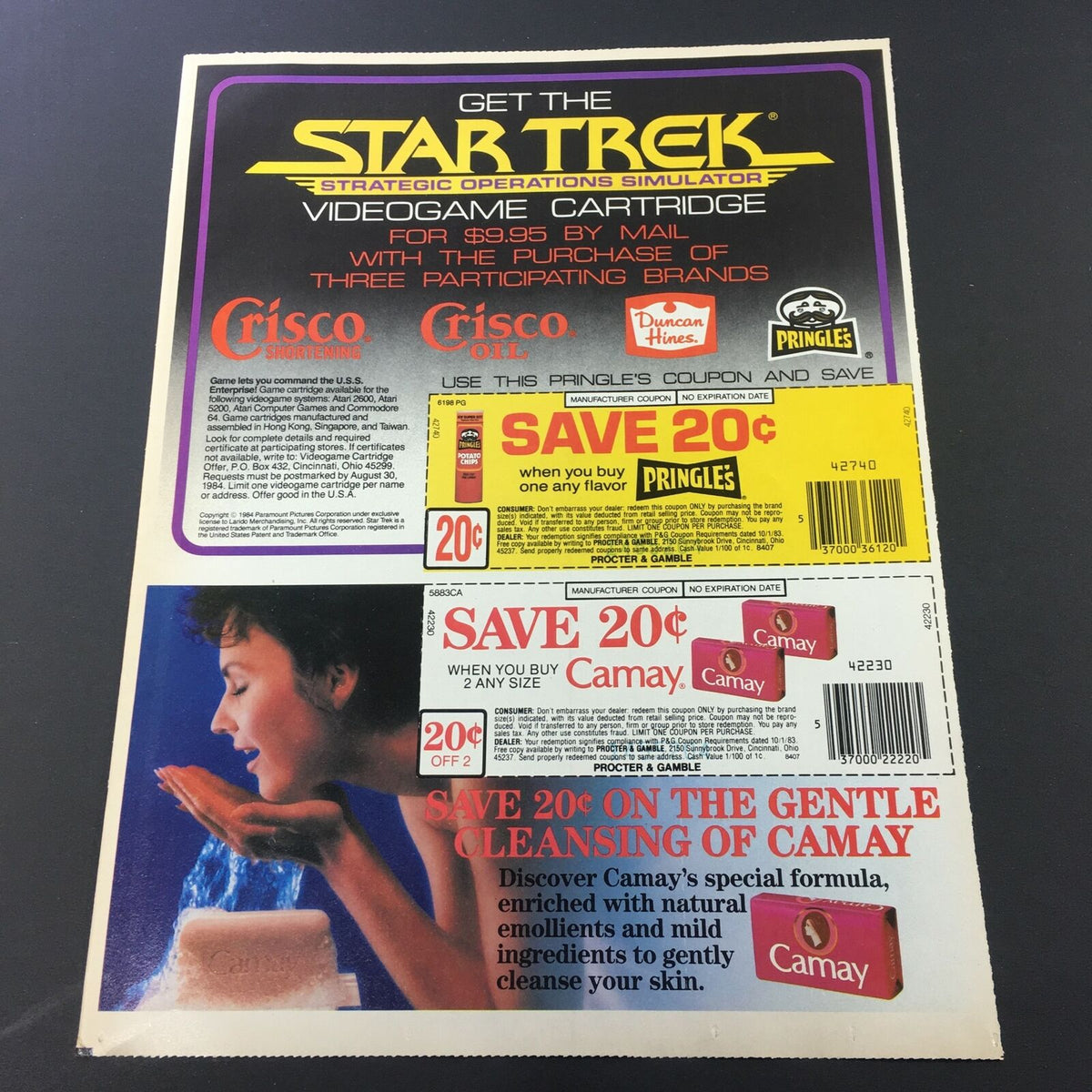 VTG Retro 1984 Pringle's Potato Chips & Camay Beauty Soap Print Ad featuring coupons for savings on Pringle's and Camay products, showcasing the ad's design and offers.