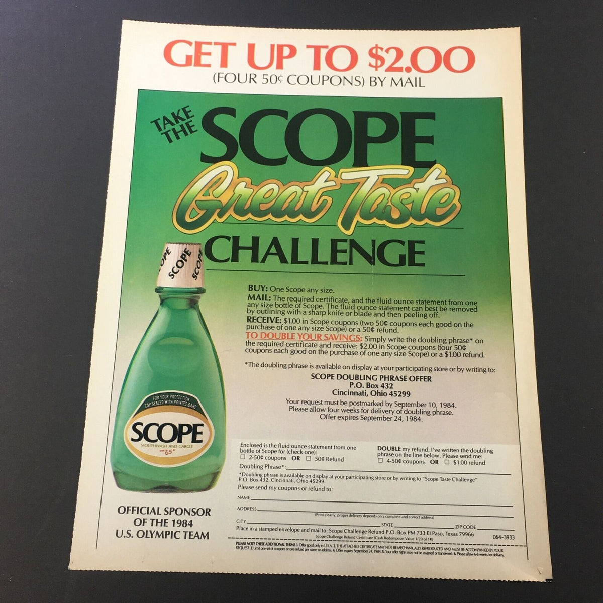 VTG Retro 1984 Pringle's Potato Chips & Camay Beauty Soap Print Ad highlighting the Scope Great Taste Challenge with coupon offers, emphasizing vintage marketing elements and promotions.