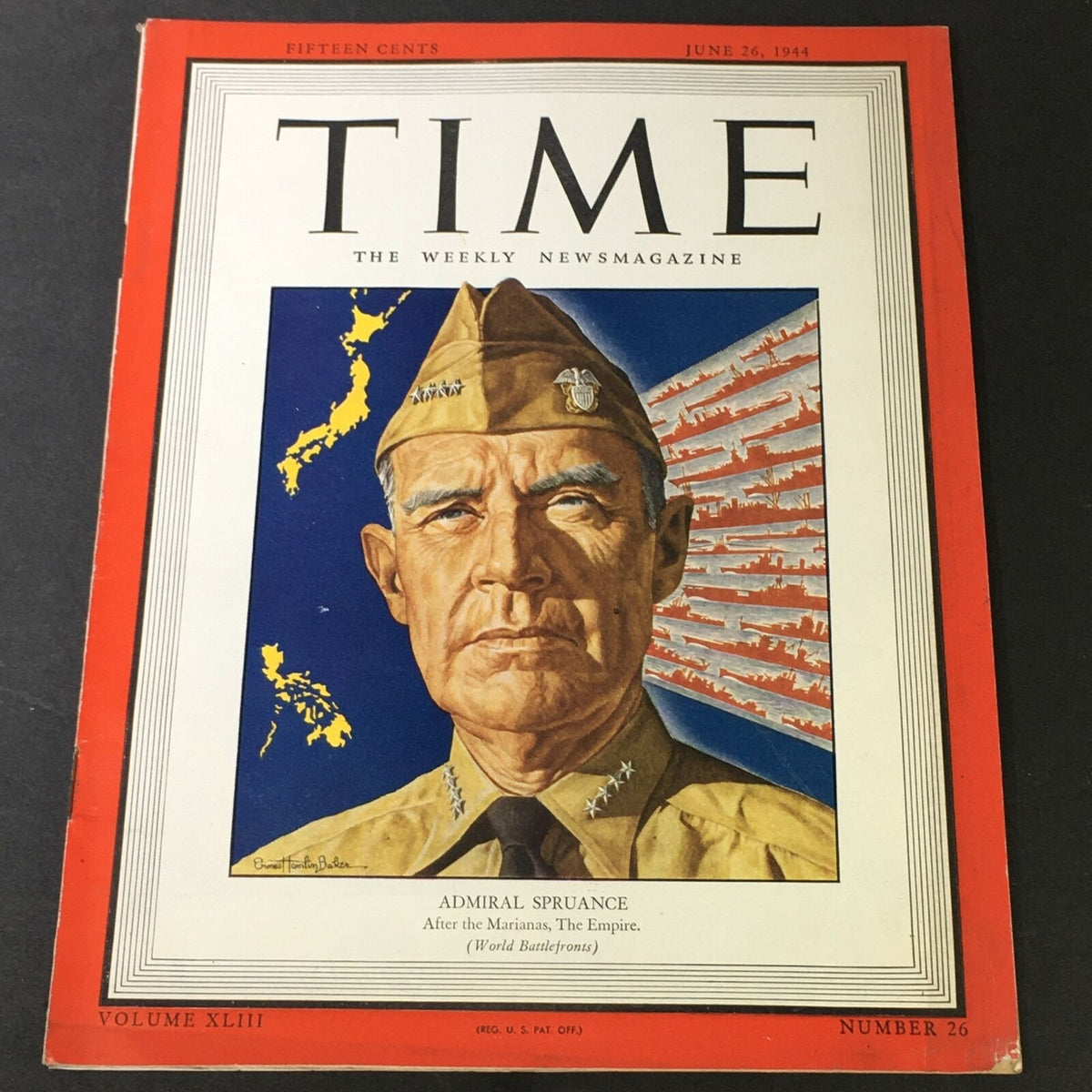 VTG Time Magazine Vol. 43 #26 June 26 1944 cover featuring Admiral Raymond A. Spruance, highlighting his role in WWII with vibrant artwork and historical significance.