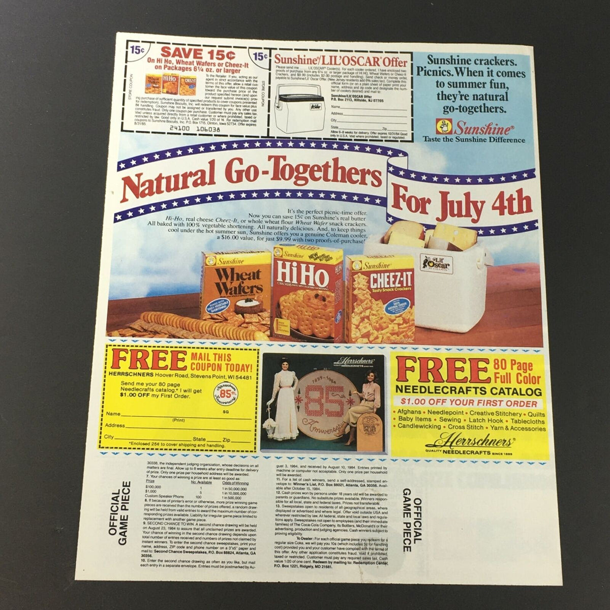 VTG Retro 1989 Sunshine product advertisement featuring various picnic items and a coupon offer for free items, promoting natural go-togethers for July 4th.