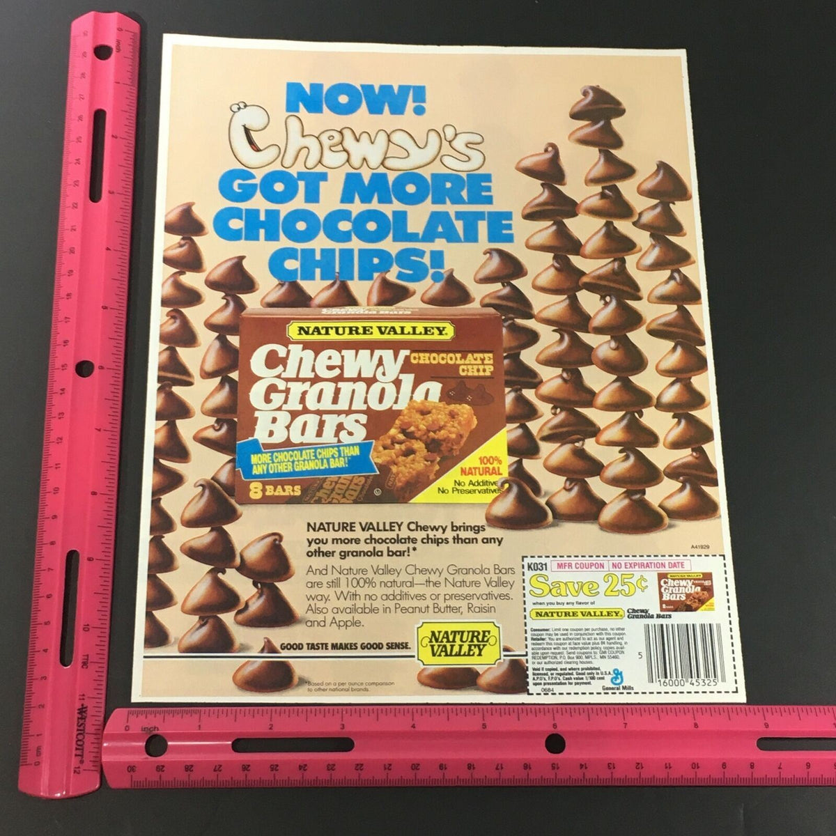 VTG Retro 1989 Coca-Cola, Diet Coke Sprite, FREE Coke McDonald's Print Ad Coupon, featuring an advertisement for Nature Valley Chewy Granola Bars with chocolate chips, highlighting savings.