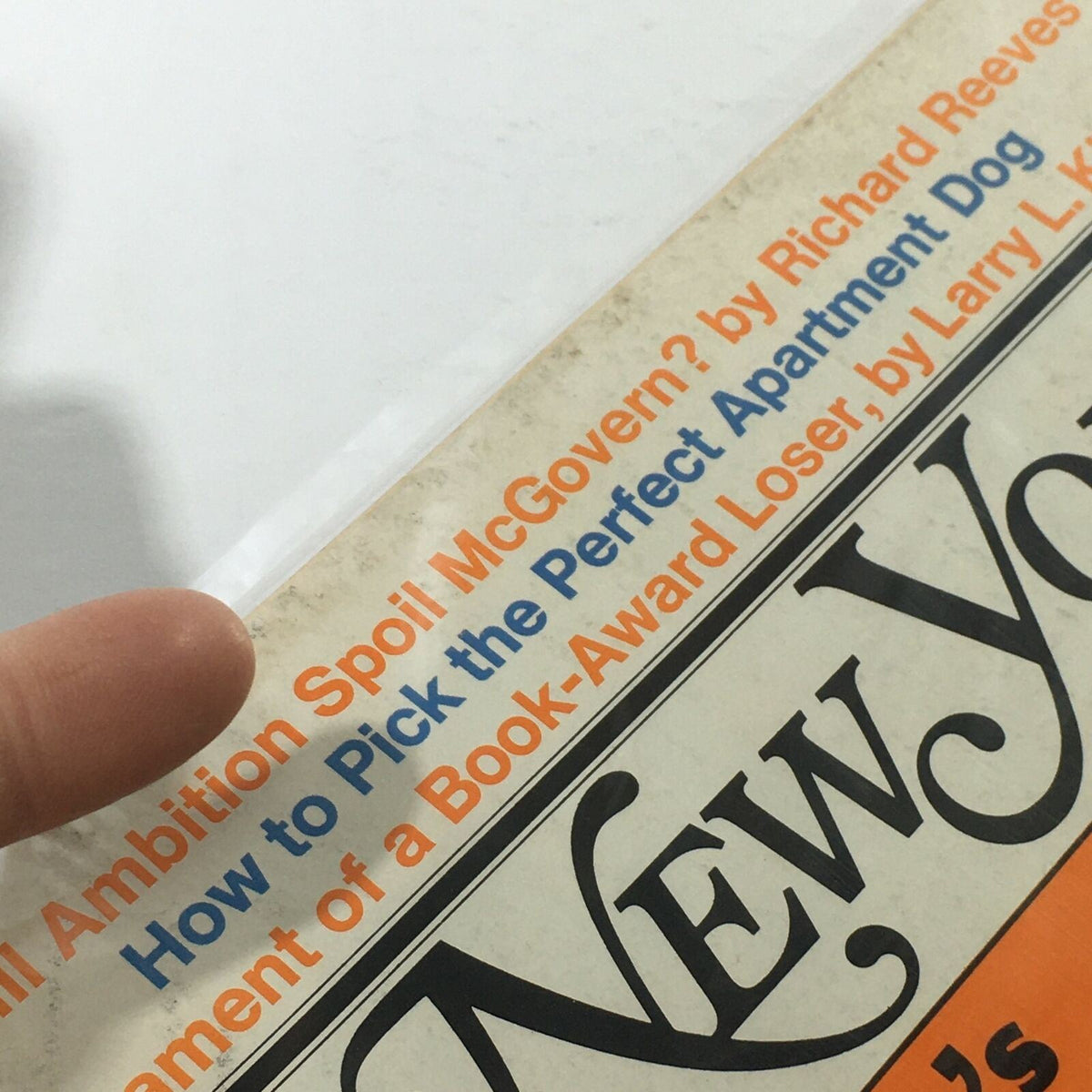 Close-up of the header section of New York Magazine, May 8, 1972, displaying article titles including 'Will Ambition Spoil McGovern?' and 'How to Pick the Perfect Apartment Dog'.