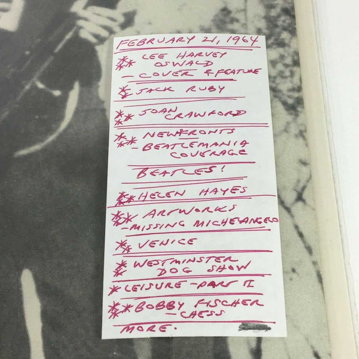Inside of VTG Life Magazine February 21 1964, displaying a list of featured stories including Lee Harvey Oswald cover feature, Jack Ruby, Joan Crawford, and Beatles coverage.