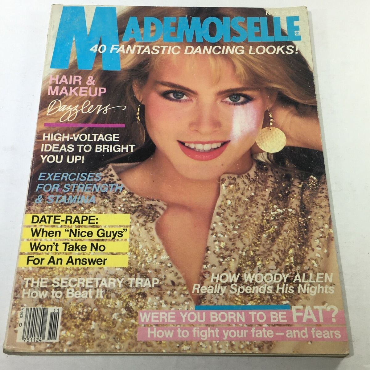 Vintage Mademoiselle Magazine from November 1980 featuring Kim Alexis on the cover, showcasing fashion and lifestyle trends of the early 1980s. The cover highlights articles on hair and makeup, exercises, and cultural insights.
