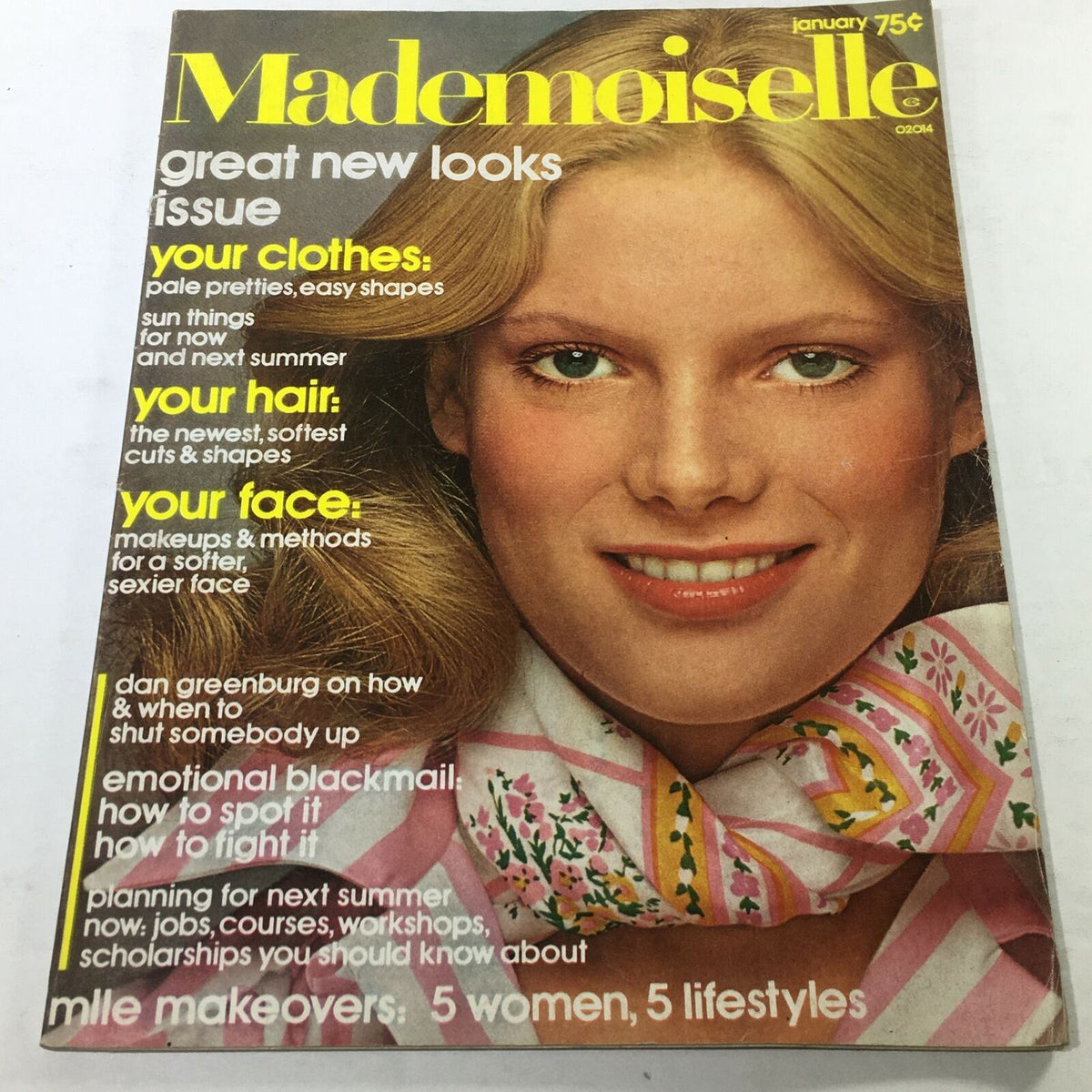 VTG Mademoiselle Magazine: January 1975 cover featuring a beautiful model with long hair, showcasing vibrant fashion topics and magazine highlights, perfect for vintage magazine collectors.