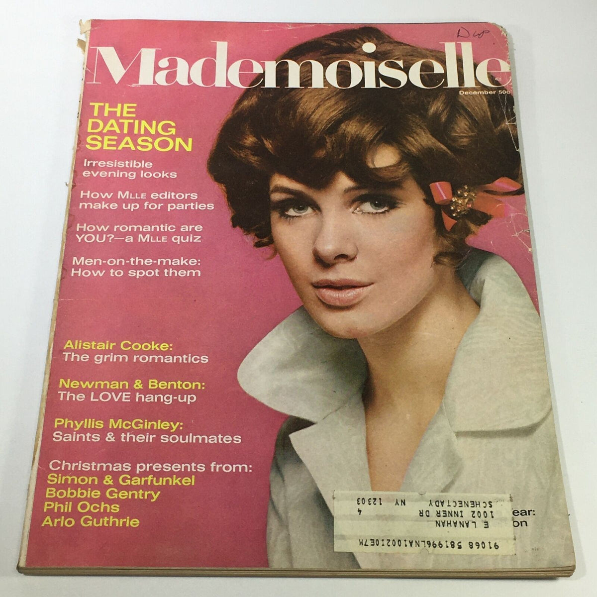 Cover of the vintage Mademoiselle magazine from December 1967 featuring The Dating Season theme, with a model showcasing a stylish hairstyle and outfit, along with text on the cover highlighting articles by Alistair Cooke and others.