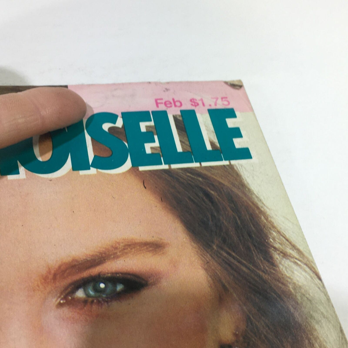 Close-up of the Vintage Mademoiselle Magazine February 1981 cover by Michelle Stevans, highlighting its iconic design and vintage appeal.