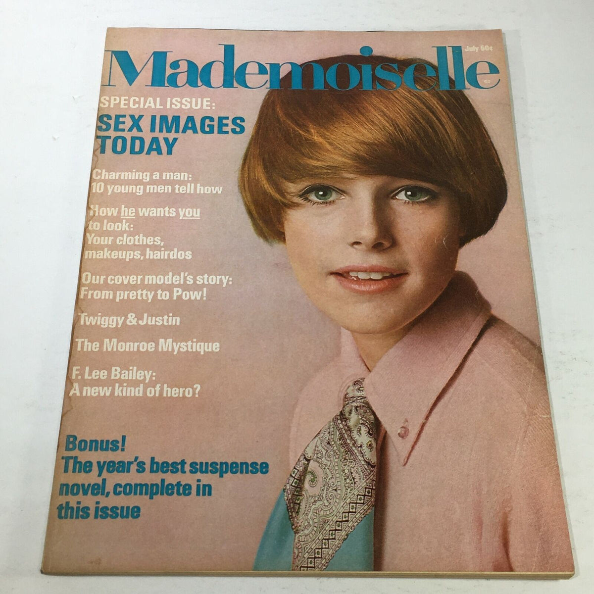 Cover of VTG Mademoiselle Magazine: July 1967 - The Monroe Mystique, featuring a young model with a short haircut, wearing a pink blouse and patterned tie, accompanied by various text highlights.
