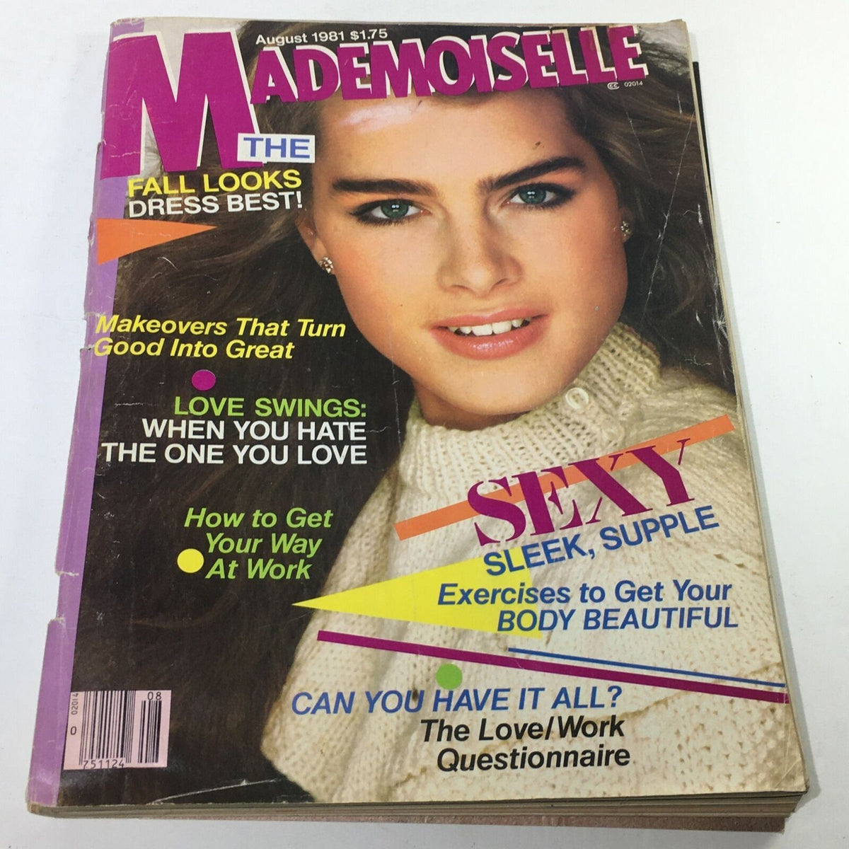 Cover of VTG Mademoiselle Magazine: August 1981 featuring Brooke Shields, showcasing 'The Fall Looks' along with articles on makeovers and love advice.