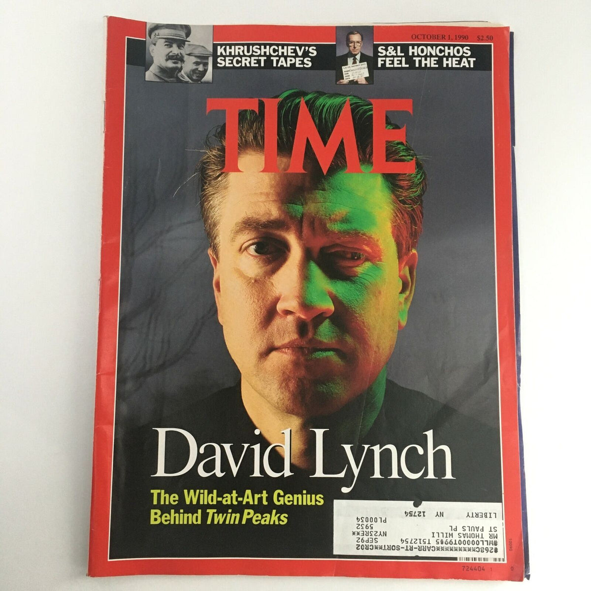 Cover of Time Magazine, October 1, 1990, featuring David Lynch and the headline 'The Wild-at-Art Genius Behind Twin Peaks' alongside references to 'Khrushchev's Secret Tapes'.