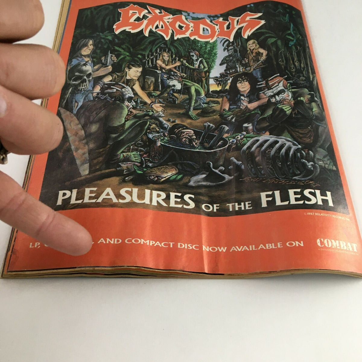 Advertisement from Creem Thrash Metal Magazine November 1987 for Exodus's 'Pleasures of the Flesh,' highlighting the album release with a vibrant artwork design.