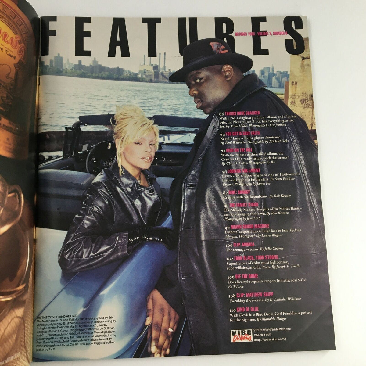 Feature page from Vibe Magazine October 1995 showcasing The Notorious B.I.G. and Faith Evans in a stylish outdoor setting.