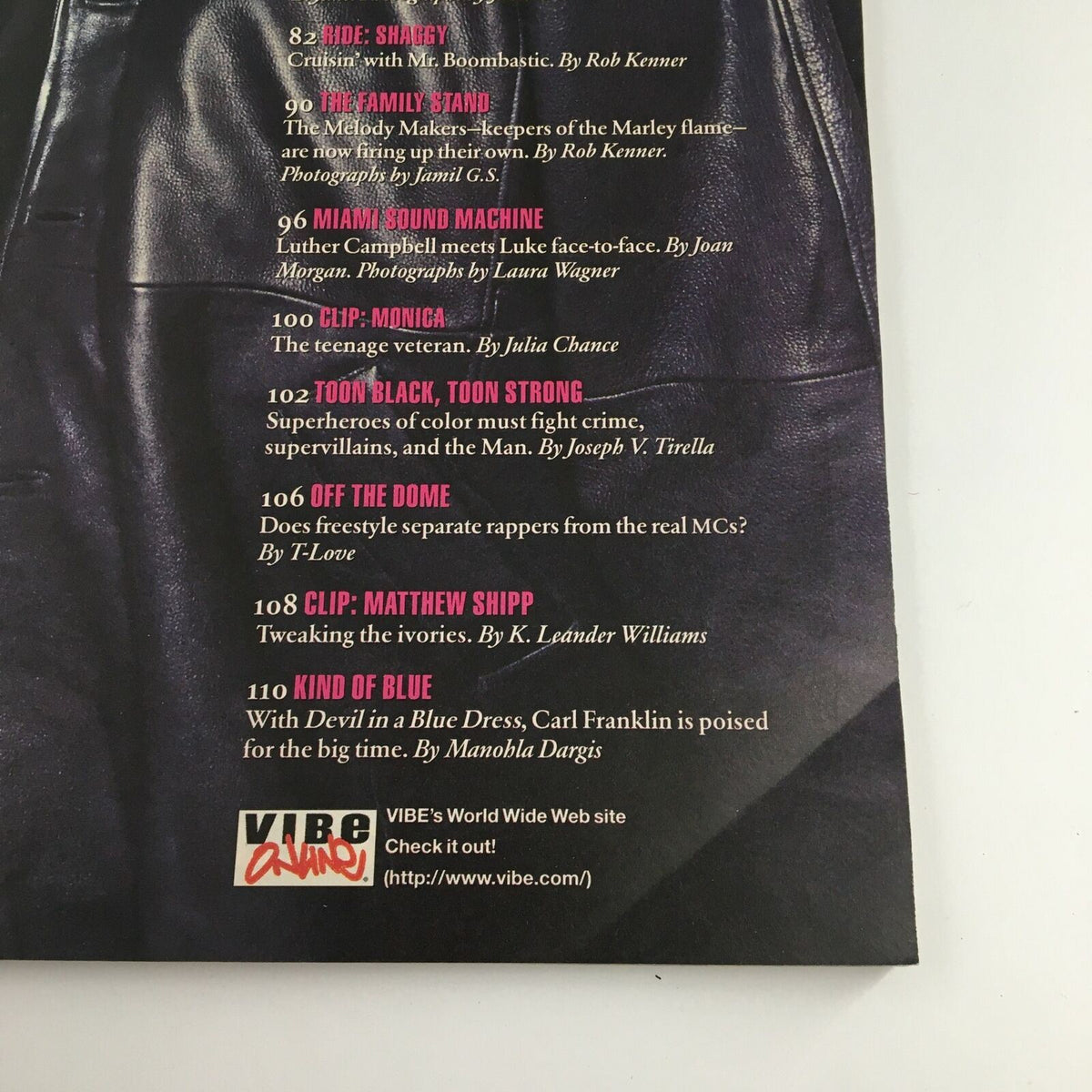 Continuation of feature content from Vibe Magazine October 1995 highlighting various artists and articles from the issue.